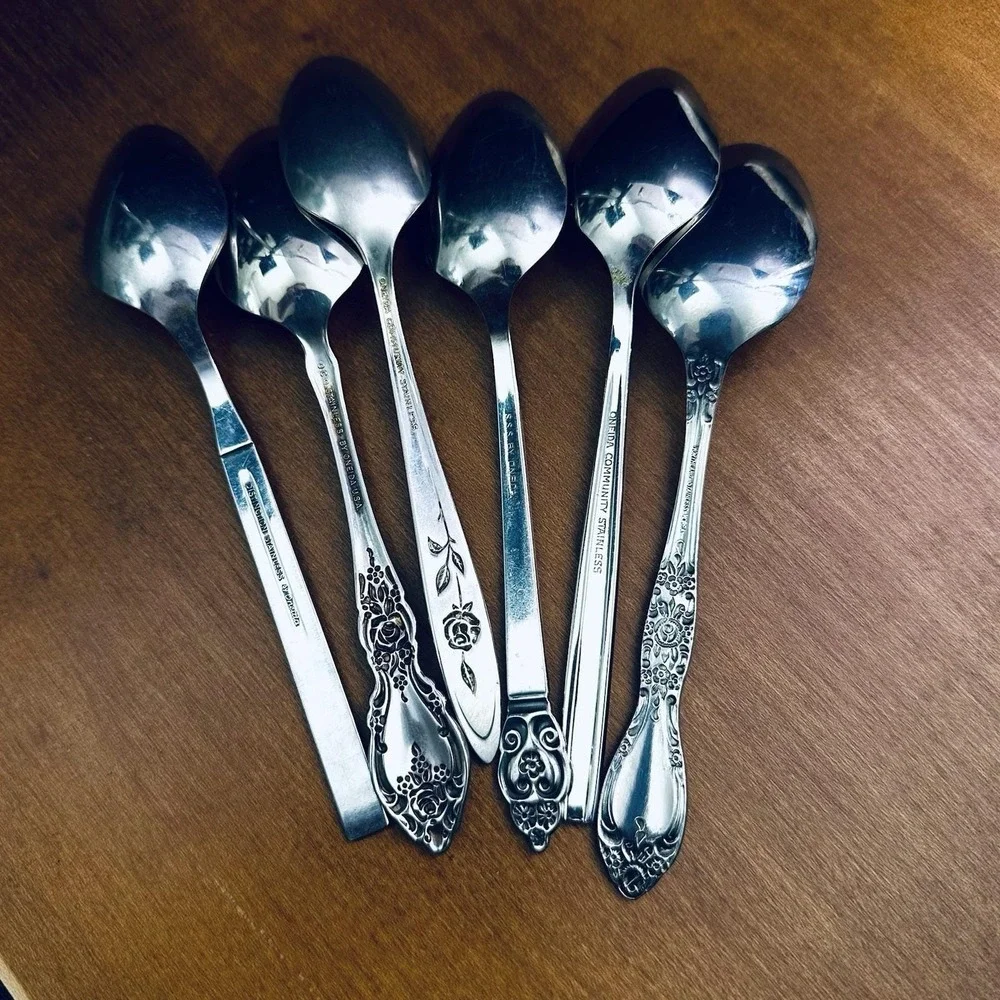 6‎ Mixed Vtg Stainless Flatware Teaspoons Oneida Mismatched Japan USA MCM